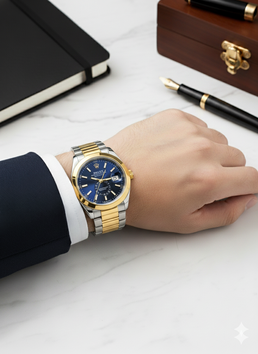 Rolex Golden, Silver &amp; Blue Watch