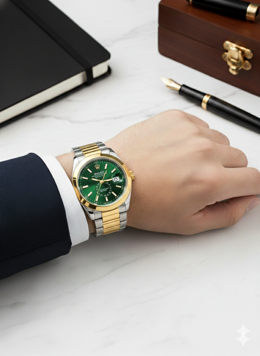 Rolex Golden, Silver &amp; Green Watch